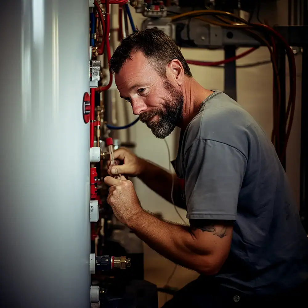 HVAC technician adjusting heating and cooling system, expert in air conditioning and furnace repair.