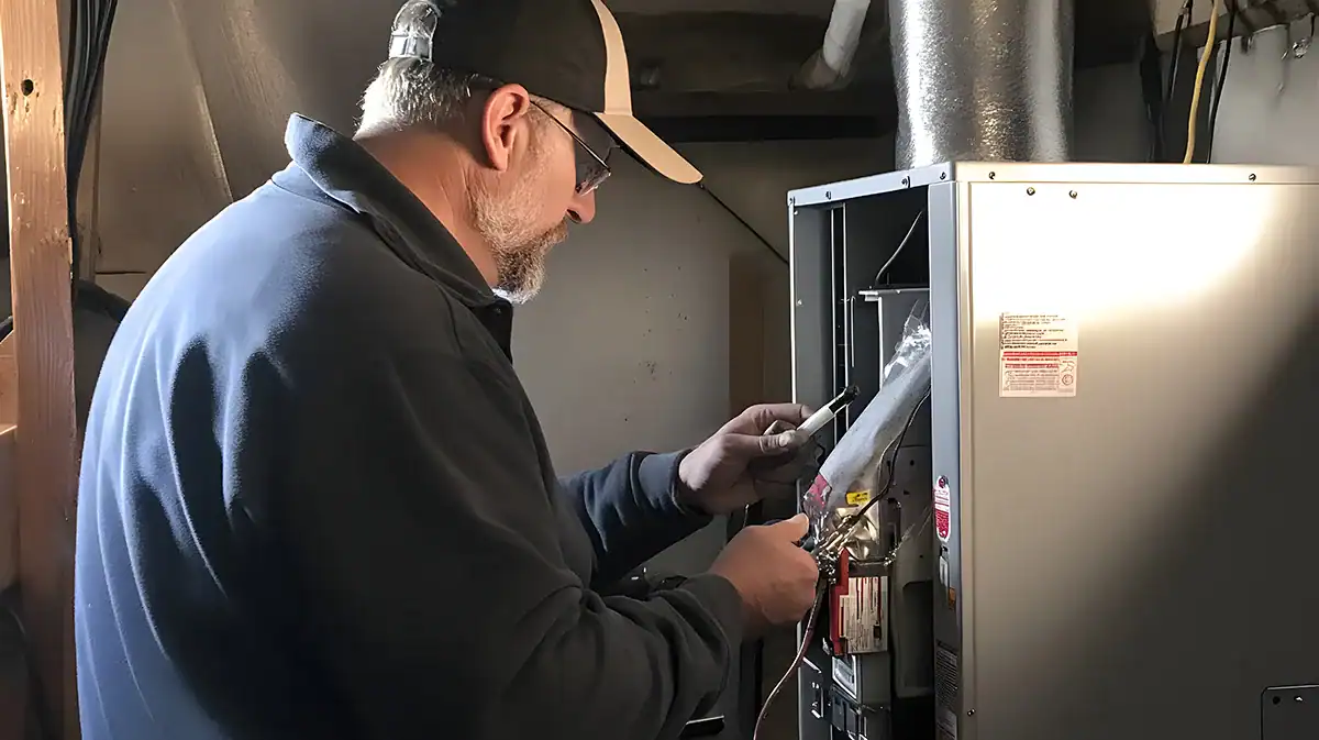 Furnace Services, HVAC technician repairing heater, ensuring efficient heating and air quality.