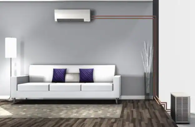Indoor air conditioning unit and modern living room decor.